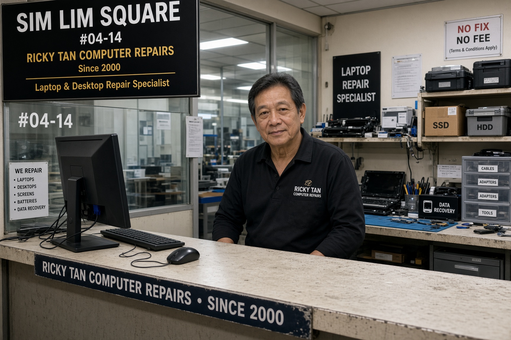 Ricky Tan at the counter of his Sim Lim Square repair shop, unit #04-14 — repairing computers and laptops since 2000